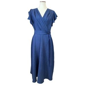 DKNY Womens 8 Midi Dress Blue Pleated V-Neckline Flutter Sleeves Office Party